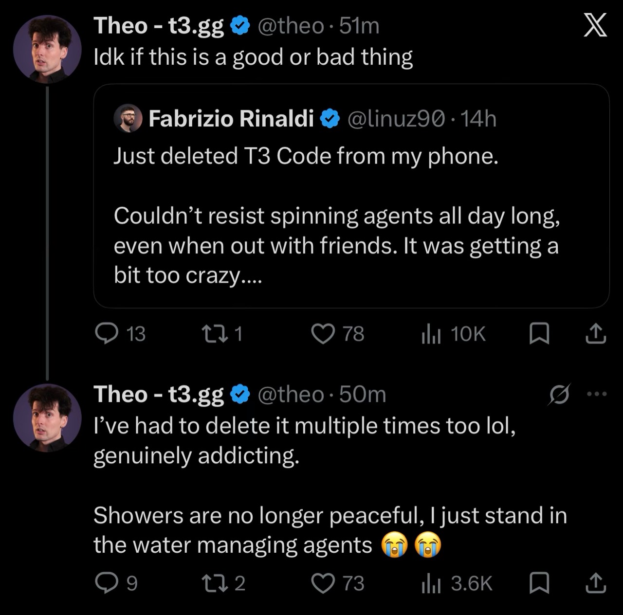 Screenshot of Fabrizio Rinaldi and Theo discussing deleting T3 Code from their phones because they could not stop managing agents, even with friends or in the shower.